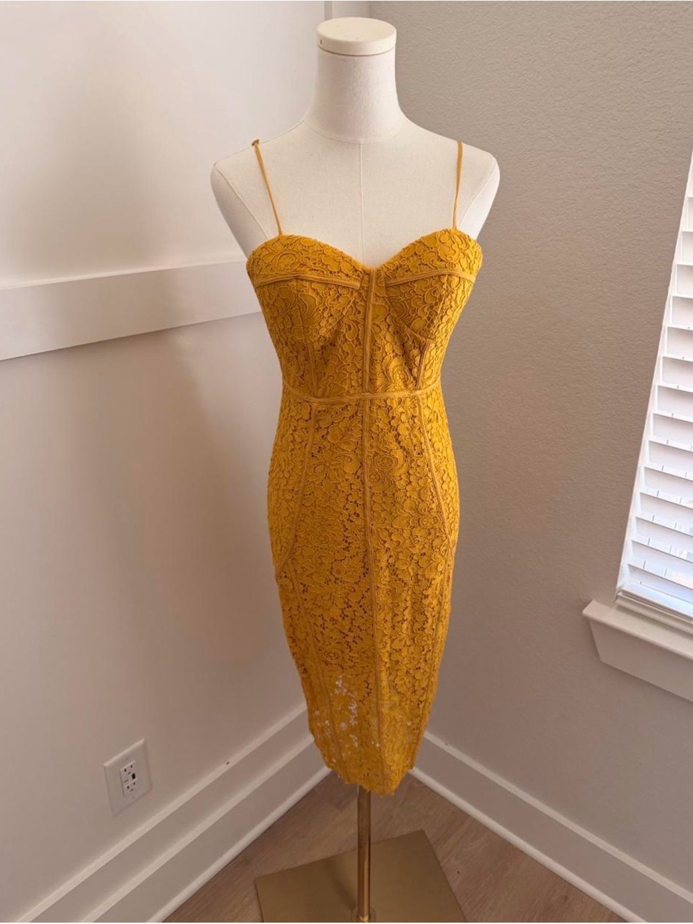 Bardot Yellow Lace Midi Dress with Spaghetti Straps